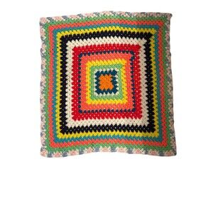 Vintage Handmade Afghan Throw Blanket Multi Color Square in Square CottageCore